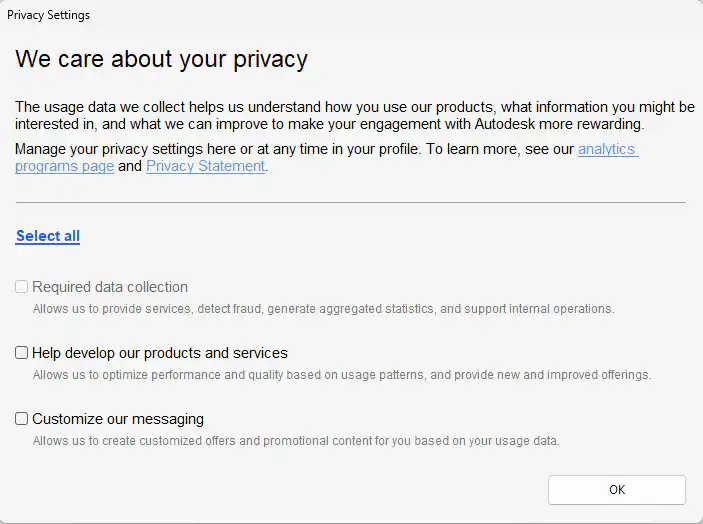 picture of autodesk data privacy window
