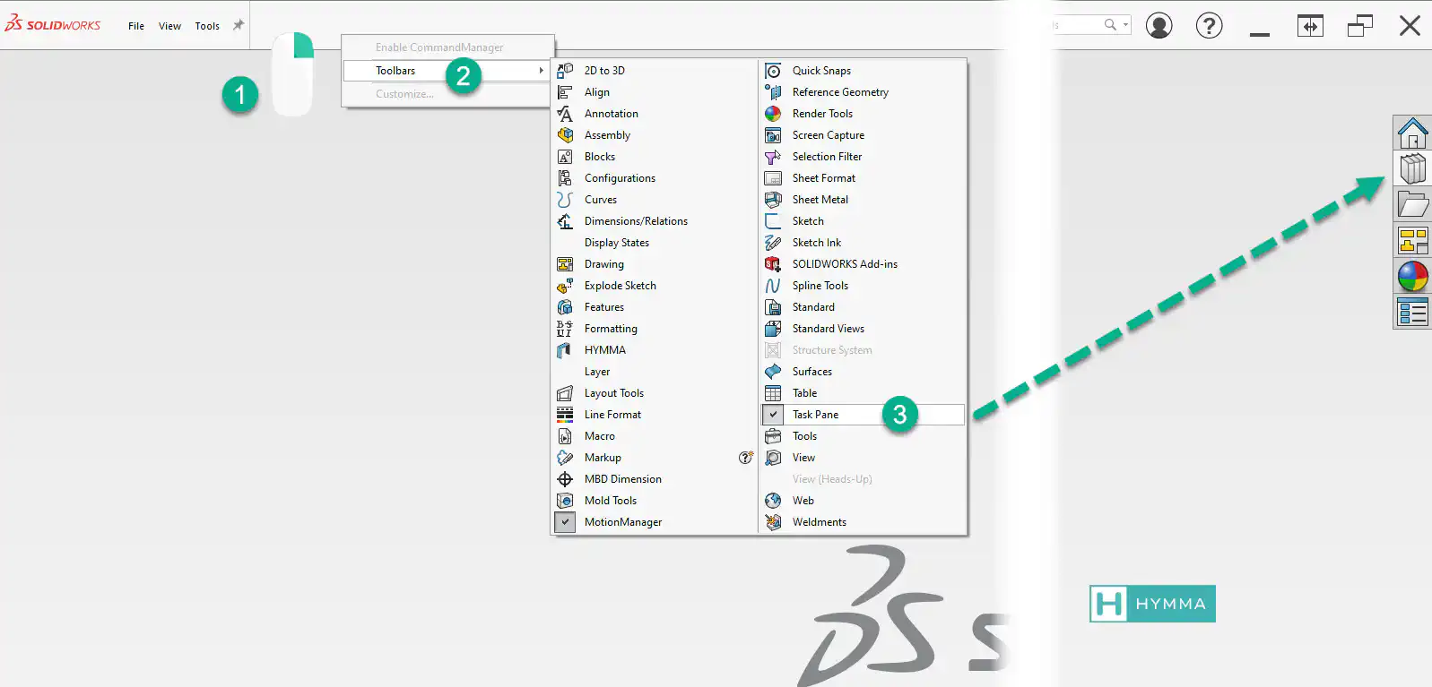 picture of solidworks-show-task-pane-tab